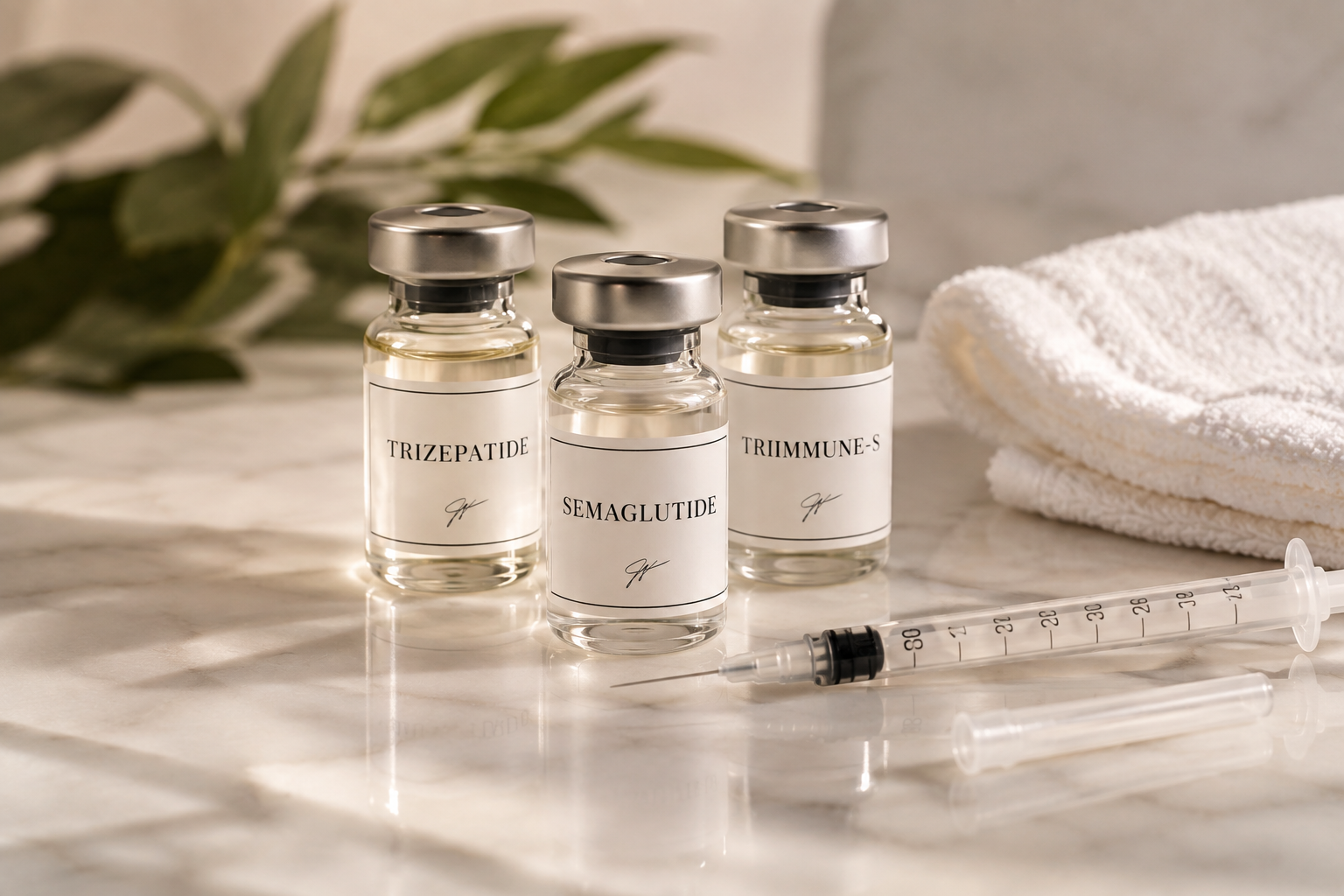 Semaglutide, tirzepatide and peptide vials with a syringe on marble