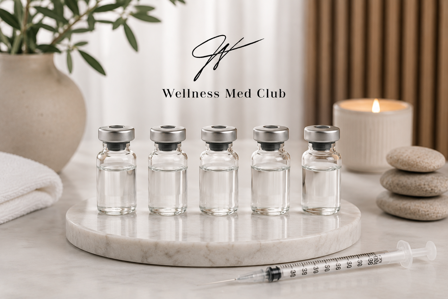 Wellness Med Club sterile vials arranged on a marble tray